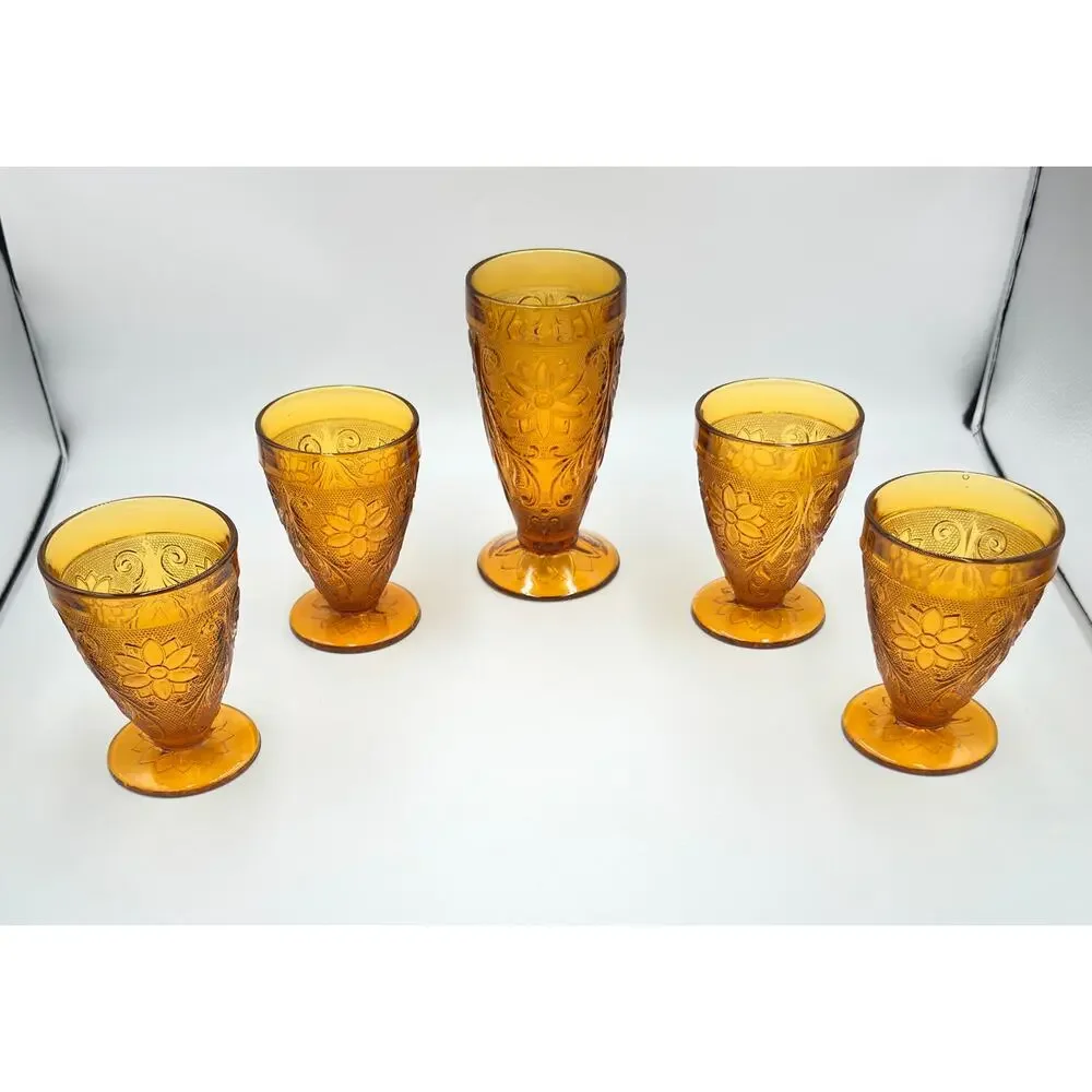 Indiana Sandwich Glass Tiara Amber 5pc Set - Tumbler Drinking Glasses